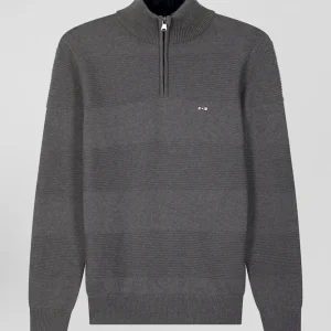 Pull col camionneur en coton gris effet de rayure