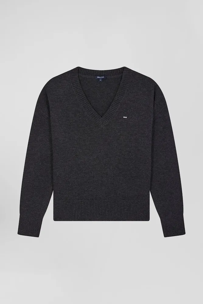 Pull Col V En Laine Et Coton Gris Foncé Chiné Coupe Relaxed