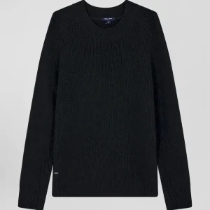 Pull col rond uni en laine et cachemire noir coupe Regular