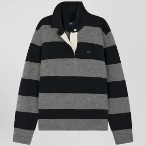 Pull col polo en laine et cachemire rayé noir et gris