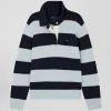 Pull col polo en laine et cachemire rayé bleu clair et marine