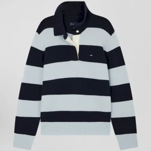 Pull col polo en laine et cachemire rayé bleu clair et marine