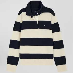 Pull col polo en laine et cachemire rayé bleu marine et écru