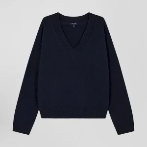 Pull col V en laine et cachemire bleu marine coupe Relaxed