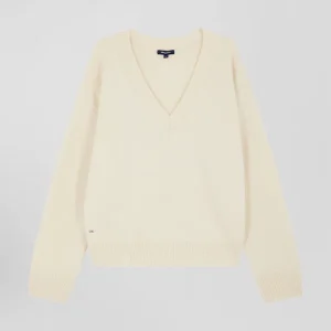 Pull col V en laine et cachemire écru coupe Relaxed