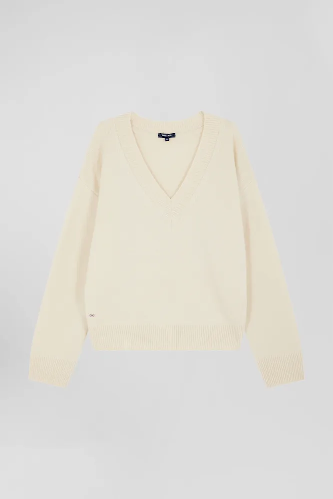 Pull col V en laine et cachemire écru coupe Relaxed