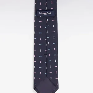 Alternative view of Cravate en soie marine à micromotifs nœuds papillon tricolores