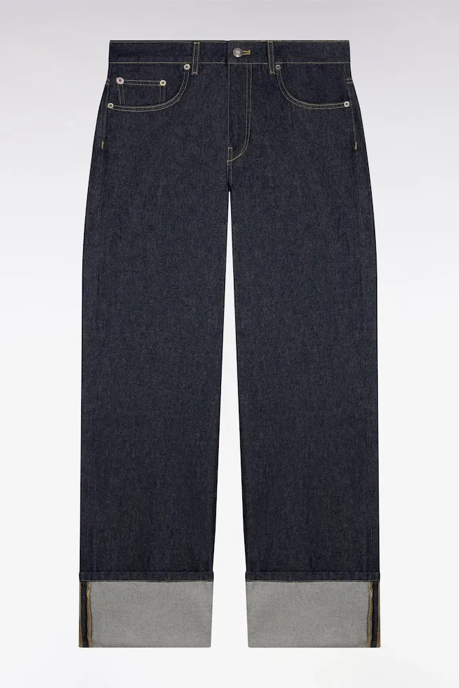 Jean en denim brut coupe droite large à revers cousu – Bild 2