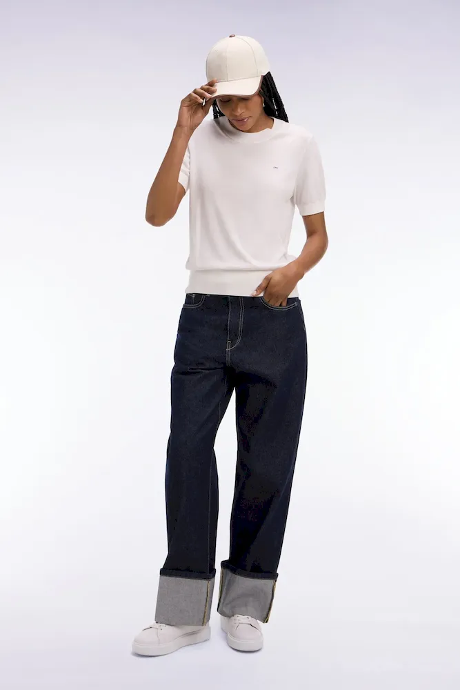 Jean en denim brut coupe droite large à revers cousu