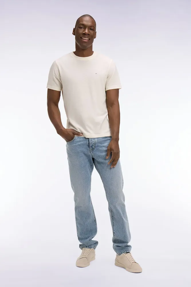 Jean en denim stretch bleu foncé stone bleach coupe regular