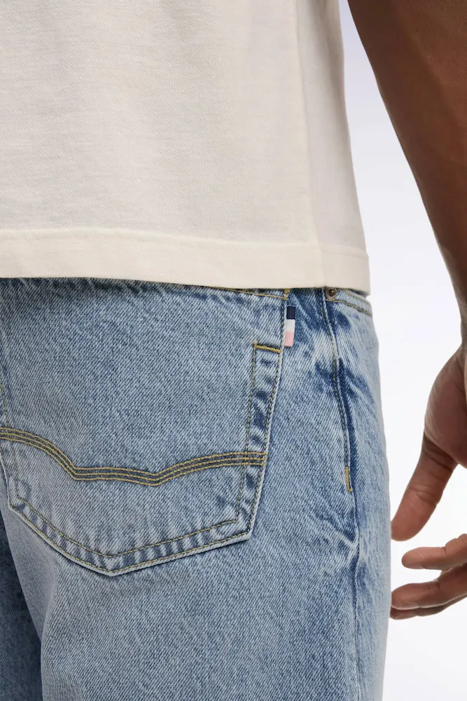 Jean en denim stretch bleu foncé stone bleach coupe regular – Bild 4