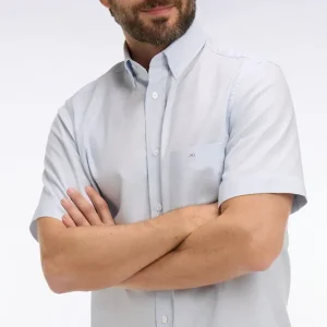 Chemise à manches courtes en coton fil teint ciel