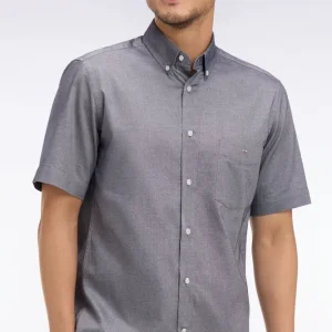 Chemise à manches courtes en coton fil teint marine