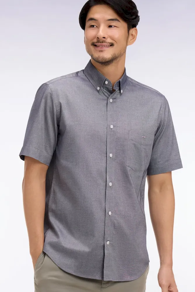 Chemise à manches courtes en coton fil teint marine
