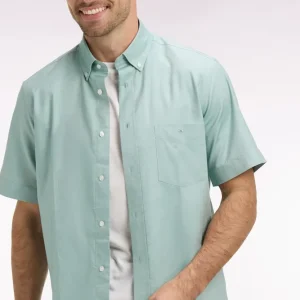 Chemise à manches courtes en coton fil teint vert d'eau