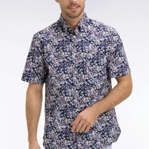 Chemise à manches courtes en popeline et chambray à motif floral rose