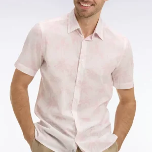 Chemise à manches courtes en coton rose imprimé palmiers coupe slim