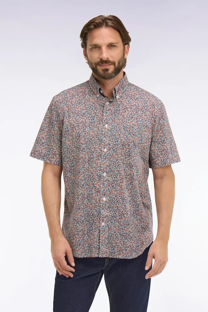 Chemise à manches courtes en coton orange à micromotif floral