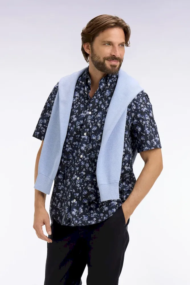 Chemise à manches courtes en coton Pima marine à motif floral