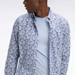 Chemise en popeline de coton bleu à motif floral