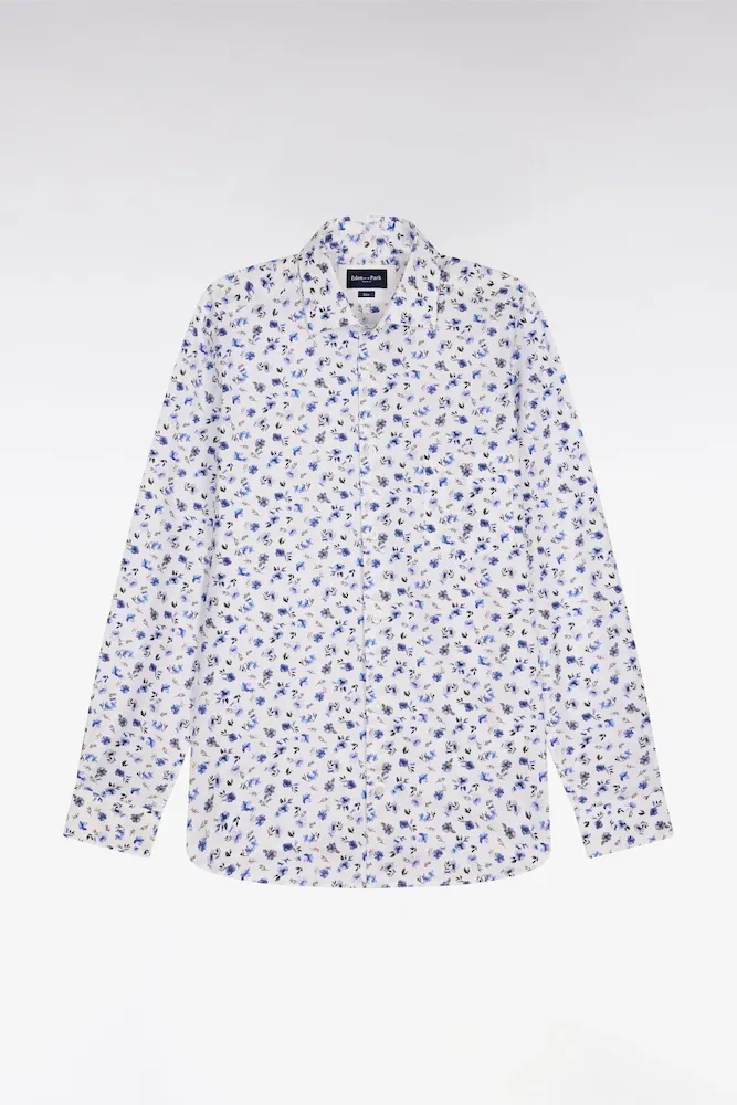 Chemise En Popeline De Coton Imprimé Floral Bleu Coupe Slim