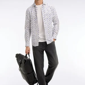 Chemise en popeline de coton imprimé floral bleu coupe slim