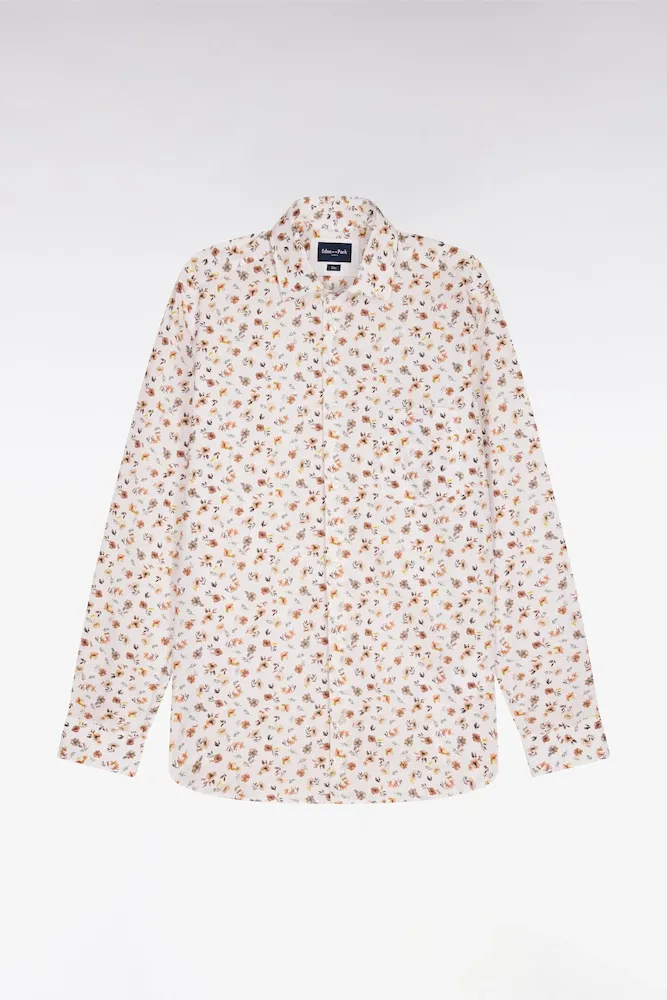 Chemise En Popeline De Coton Imprimé Floral Orange Coupe Slim