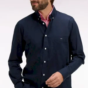 Chemise en coton pinpoint marine détails roses