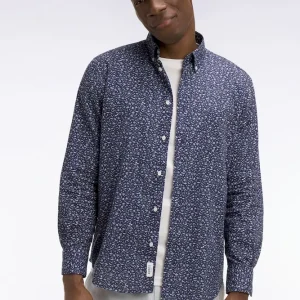 Chemise en popeline de coton marine à microimprimé floral coupe regular