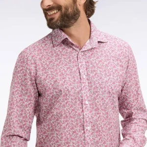 Chemise en popeline de coton rose à micromotifs floral coupe slim