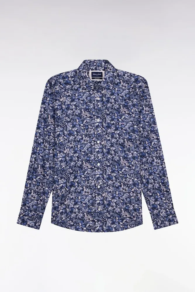 Chemise En Popeline De Coton Marine à Microimprimé Floral Coupe Slim