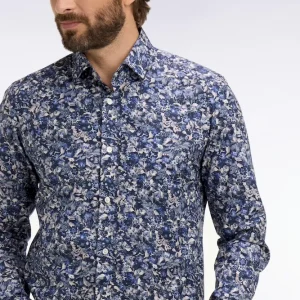 Chemise en popeline de coton marine à microimprimé floral coupe slim