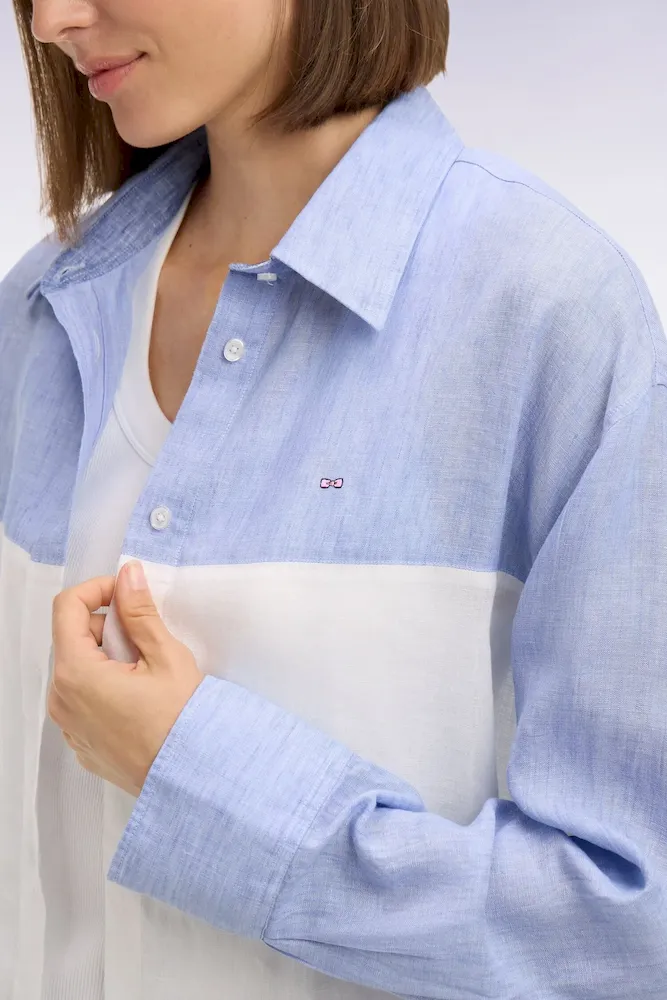 Chemise en lin colorblock bleu coupe oversized – Bild 3