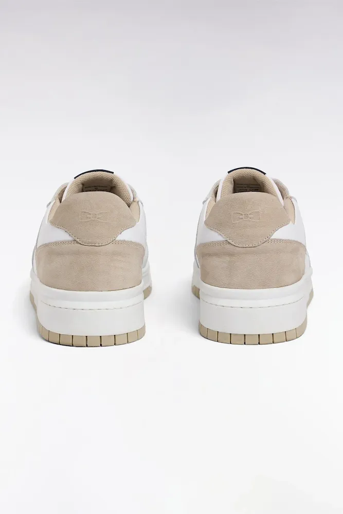 Sneakers Bicolores En Cuir Lisse Blanc Et Cuir Suédé Beige