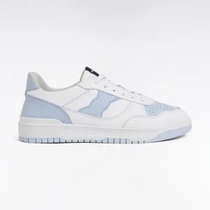 Sneakers bicolores en cuir lisse blanc et cuir suédé bleu ciel