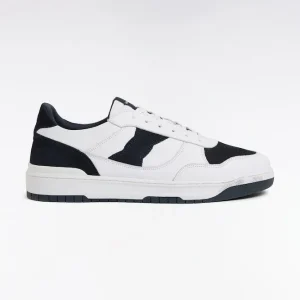 Sneakers bicolores en cuir lisse blanc et cuir suédé marine