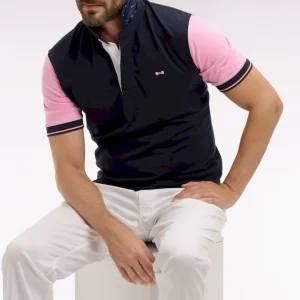 Maillot à manches courtes en coton rose et marine coupe regular broderie dos