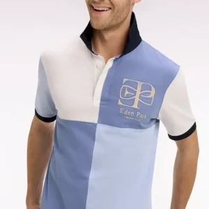 Maillot à manches courtes bleu découpes cadran et broderie coupe regular