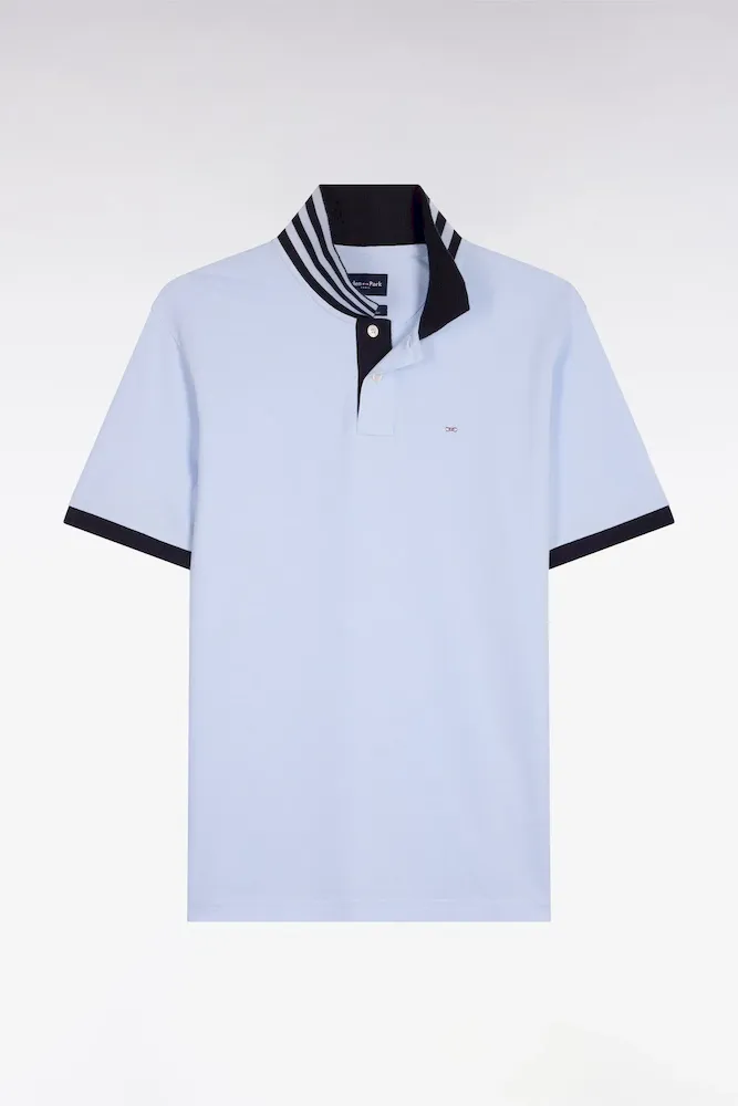 Polo Manches Courtes En Piqué Coton Ciel Dessous De Col Rayé Coupe Slim