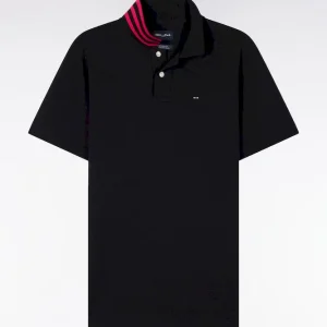 Alternative view of Polo manches courtes en piqué coton noir dessous de col rayé coupe slim