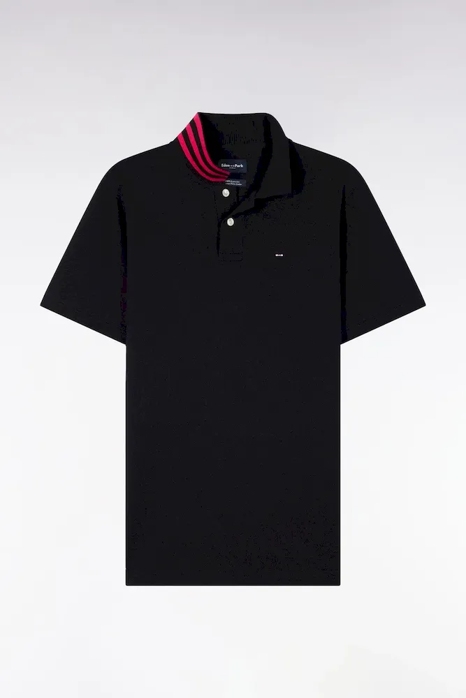 Polo Manches Courtes En Piqué Coton Noir Dessous De Col Rayé Coupe Slim
