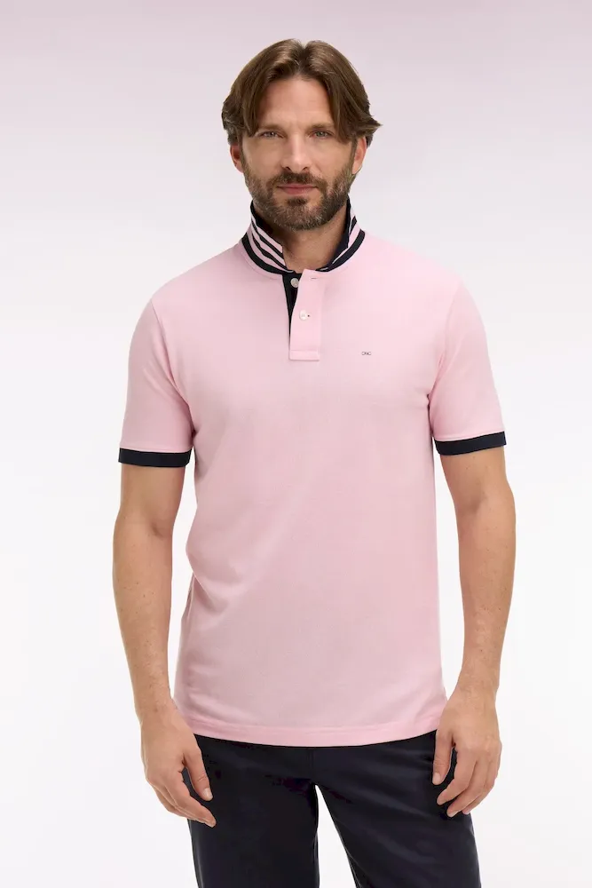 Polo manches courtes en piqué coton rose clair dessous de col rayé coupe slim – Bild 3