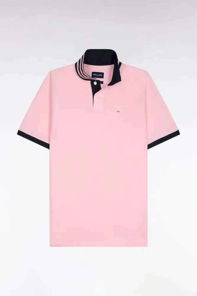 Polo Manches Courtes En Piqué Coton Rose Clair Dessous De Col Rayé Coupe Slim