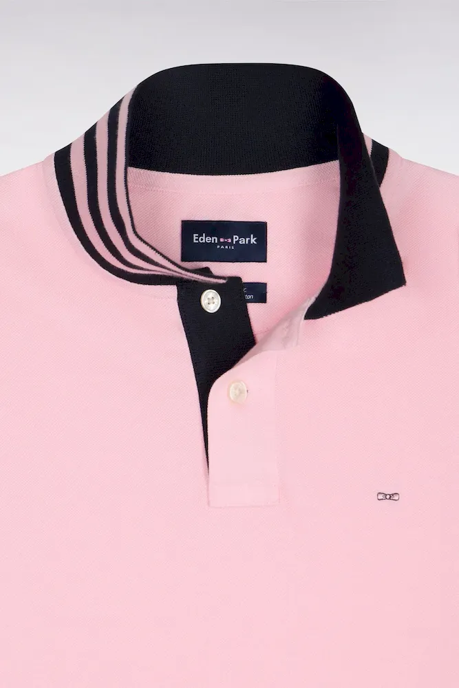 Polo manches courtes en piqué coton rose clair dessous de col rayé coupe slim – Bild 6