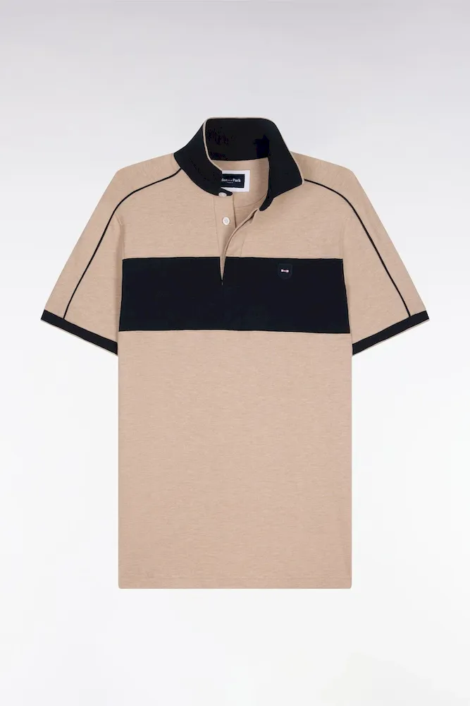 Polo à Manches Courtes En Coton Stretch Marine Et Beige Coupe Slim