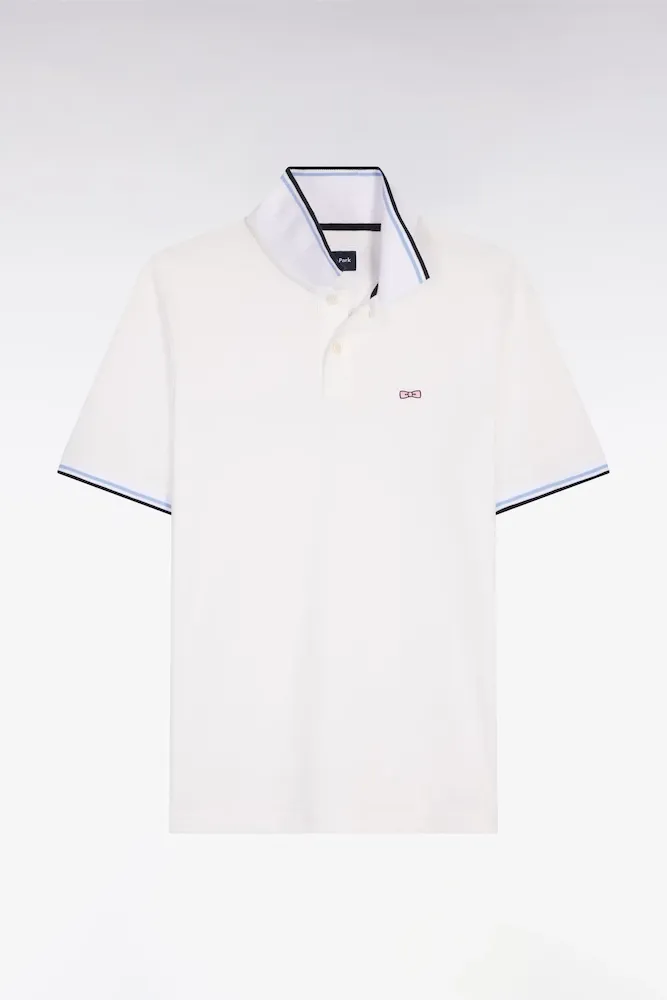 Polo Manches Courtes En Coton Blanc Détails Rayés Coupe Regular