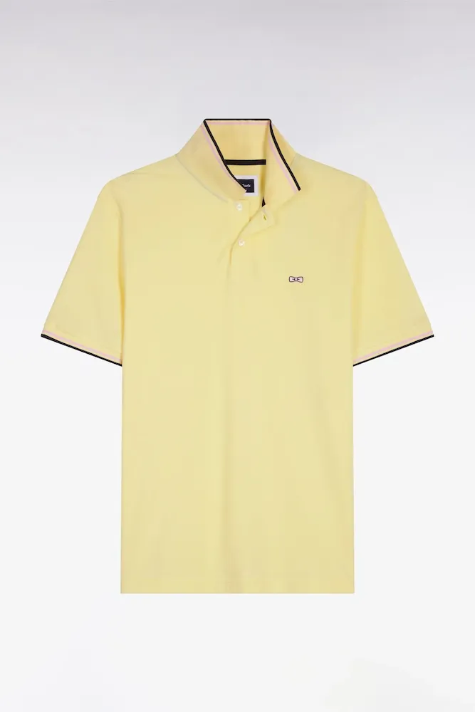 Polo Manches Courtes En Coton Jaune Détails Rayés Coupe Regular