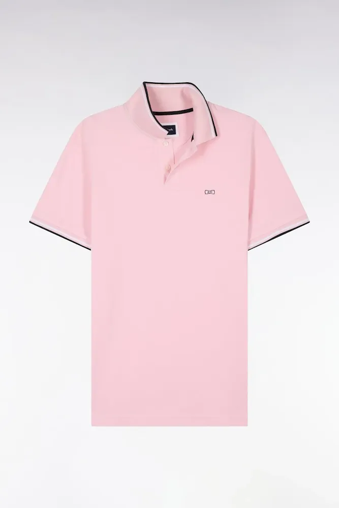 Polo à Manches Courtes En Coton Rose Détails Rayés Coupe Regular