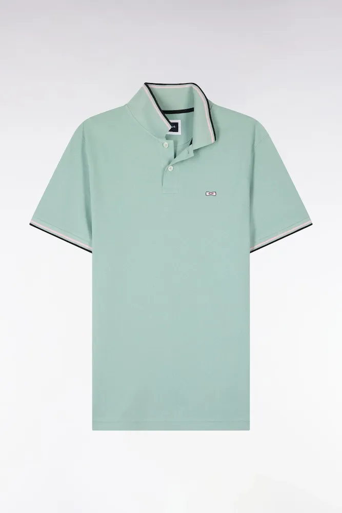 Polo à Manches Courtes En Coton Vert D'eau Détails Rayés Coupe Regular