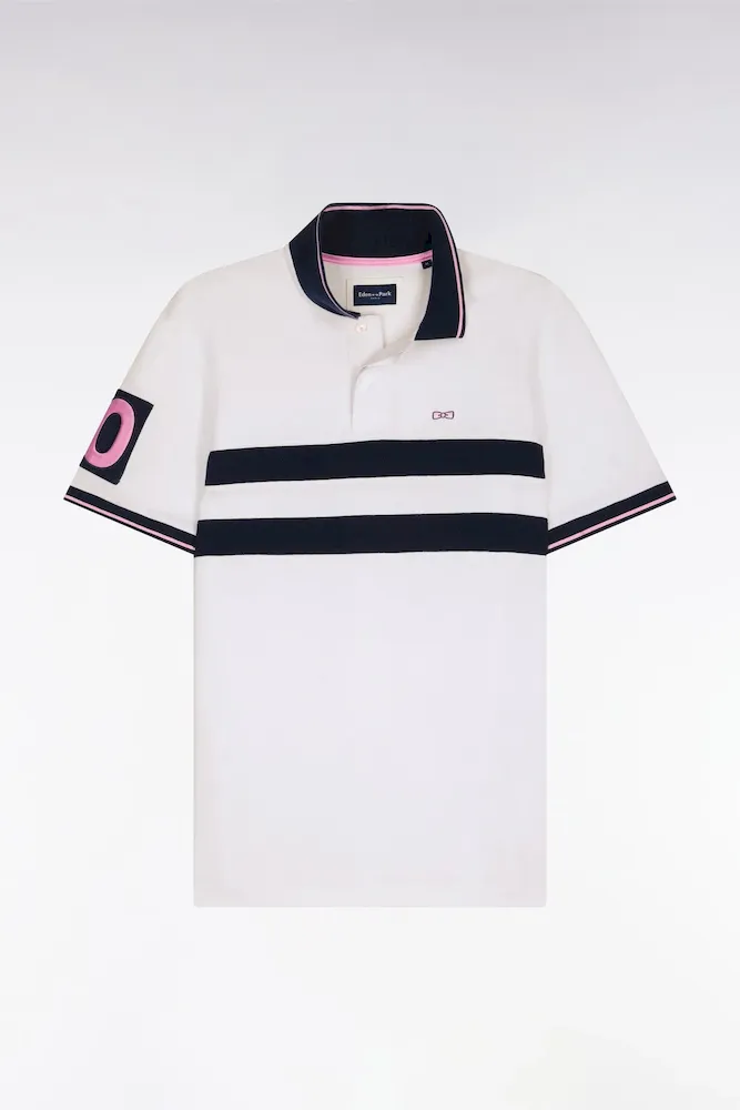 Polo à Manches Courtes En Piqué Coton Blanc à Rayures Coupé Cousu